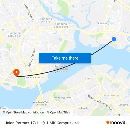 Jalan Permas 17/1 to UMK Kampus Jeli map