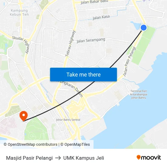 Masjid Pasir Pelangi to UMK Kampus Jeli map