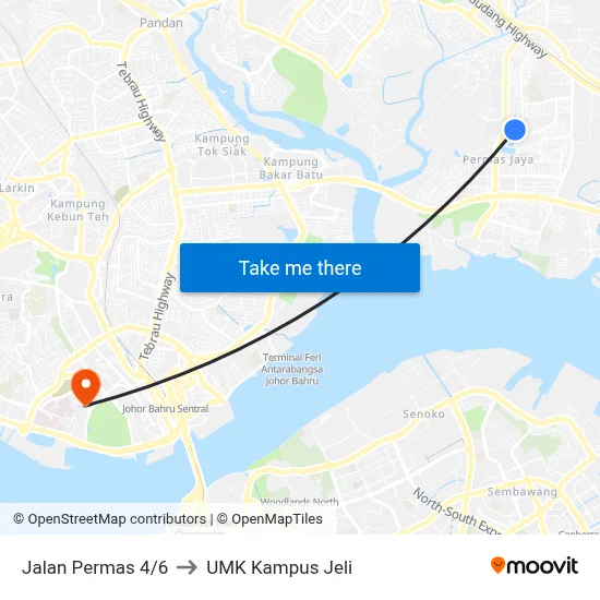 Jalan Permas 4/6 to UMK Kampus Jeli map