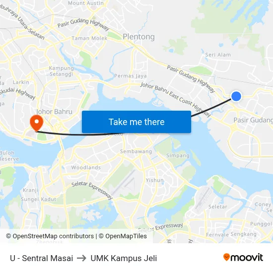 U - Sentral Masai to UMK Kampus Jeli map