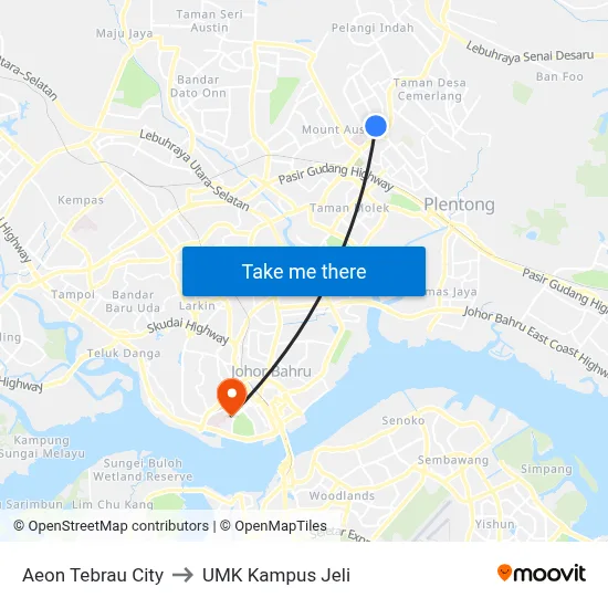 Aeon Tebrau City to UMK Kampus Jeli map