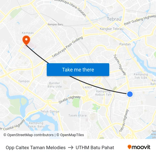 Opp Caltex Taman Melodies to UTHM Batu Pahat map