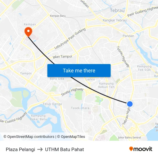 Plaza Pelangi to UTHM Batu Pahat map