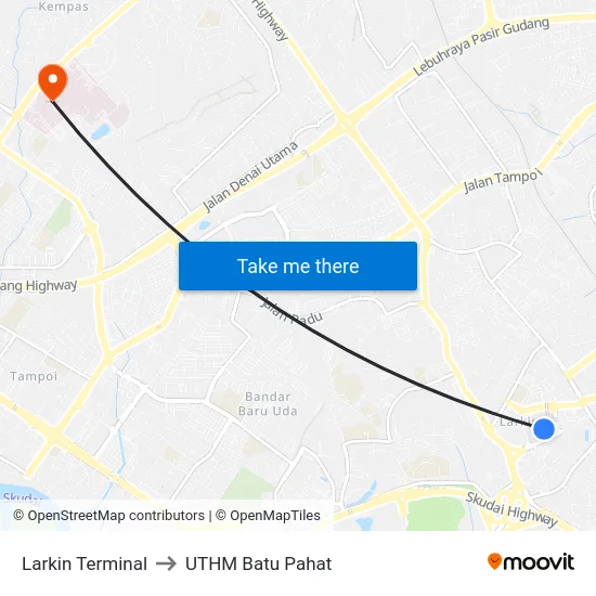 Larkin Terminal to UTHM Batu Pahat map