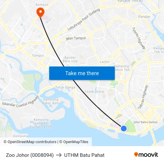 Zoo Johor (0008094) to UTHM Batu Pahat map