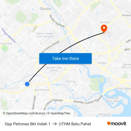 Opp Petronas Bkt Indah 1 to UTHM Batu Pahat map