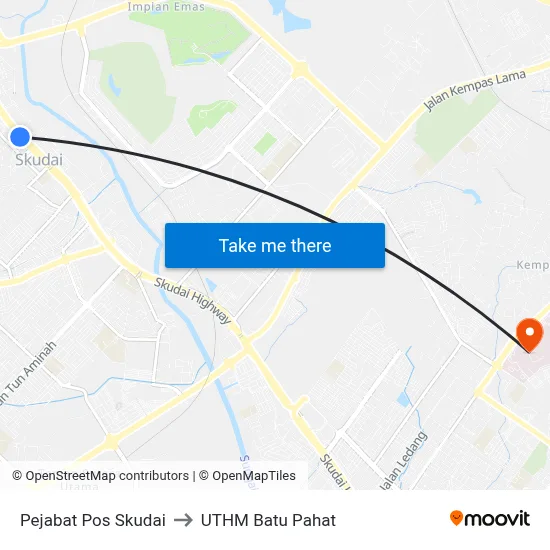 Pejabat Pos Skudai to UTHM Batu Pahat map