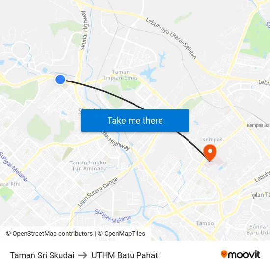 Taman Sri Skudai to UTHM Batu Pahat map