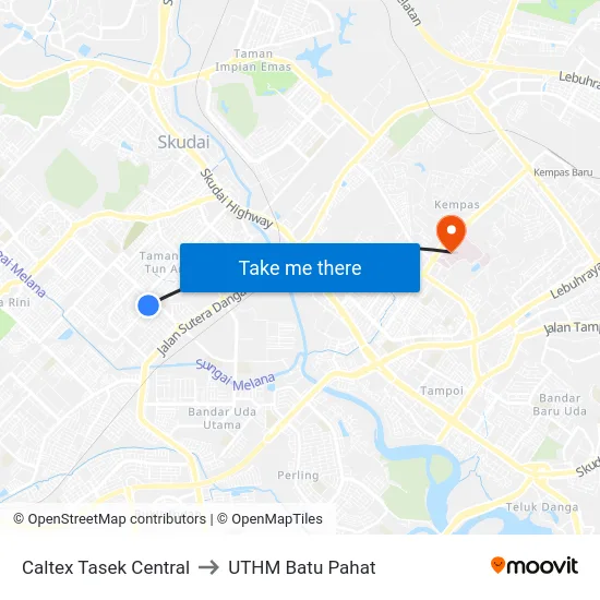 Caltex Tasek Central to UTHM Batu Pahat map