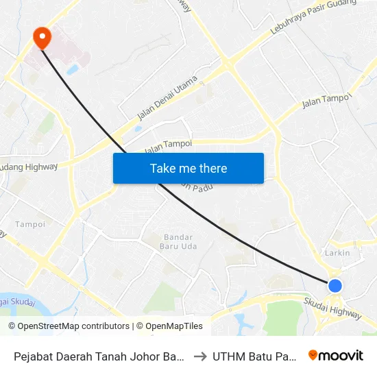 Pejabat Daerah Tanah Johor Bahru to UTHM Batu Pahat map