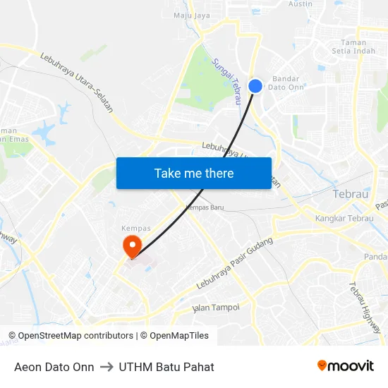 Aeon Dato Onn to UTHM Batu Pahat map