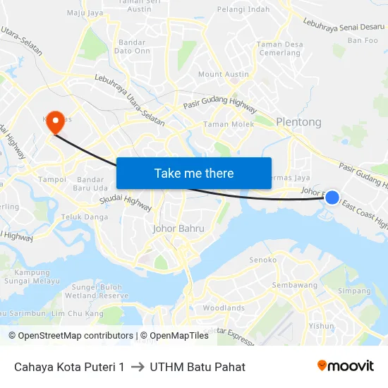 Cahaya Kota Puteri 1 to UTHM Batu Pahat map