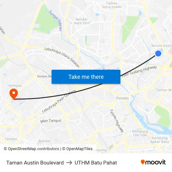 Taman Austin Boulevard to UTHM Batu Pahat map