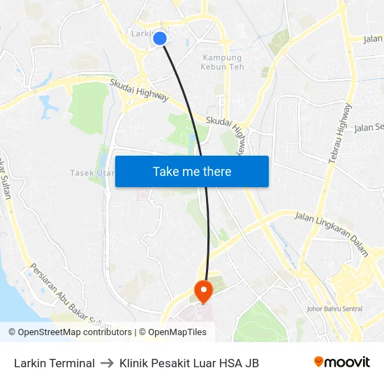 Larkin Terminal to Klinik Pesakit Luar HSA JB map