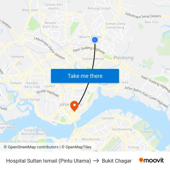 Hospital Sultan Ismail (Pintu Utama) to Bukit Chagar map
