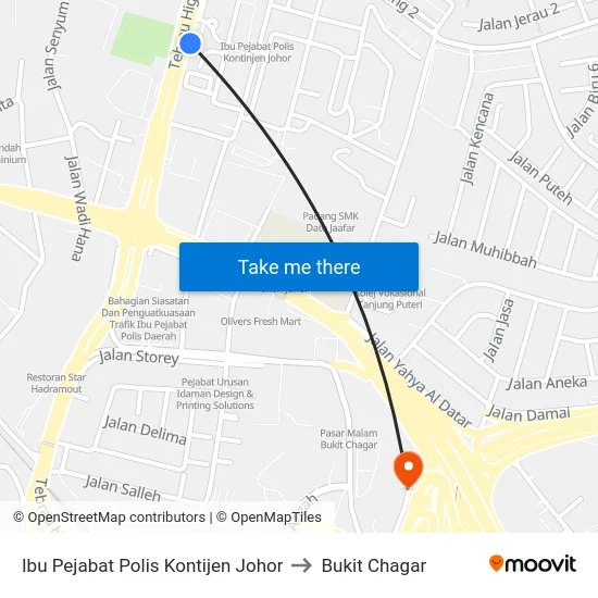Ibu Pejabat Polis Kontijen Johor to Bukit Chagar map
