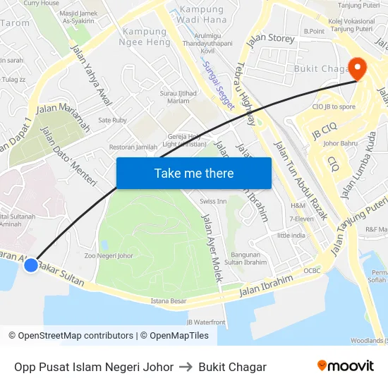 Opp Pusat Islam Negeri Johor to Bukit Chagar map