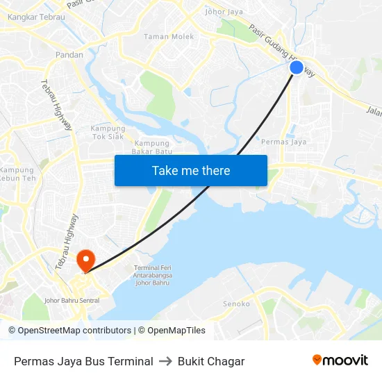 Permas Jaya Bus Terminal to Bukit Chagar map