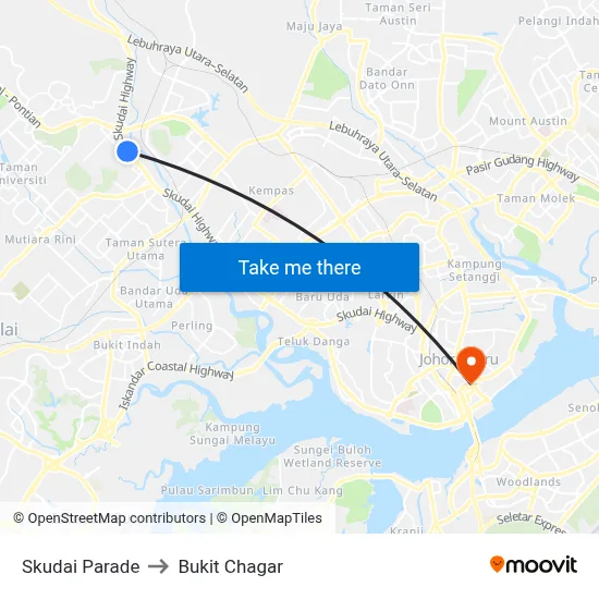 Skudai Parade to Bukit Chagar map