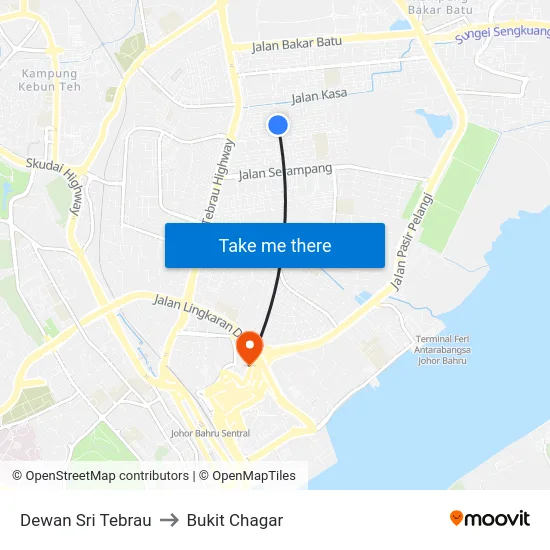 Dewan Sri Tebrau to Bukit Chagar map