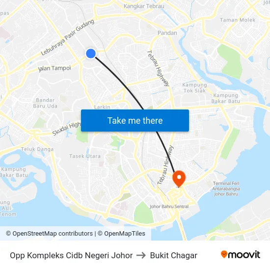 Opp Kompleks Cidb Negeri Johor to Bukit Chagar map