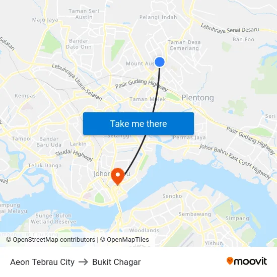 Aeon Tebrau City to Bukit Chagar map