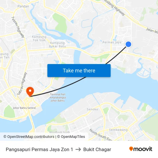 Pangsapuri Permas Jaya Zon 1 to Bukit Chagar map