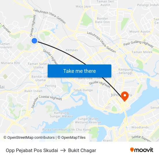 Opp Pejabat Pos Skudai to Bukit Chagar map