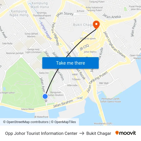 Opp Johor Tourist Information Center to Bukit Chagar map