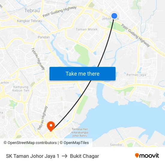 SK Taman Johor Jaya 1 to Bukit Chagar map