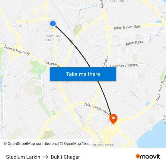Stadium Larkin to Bukit Chagar map