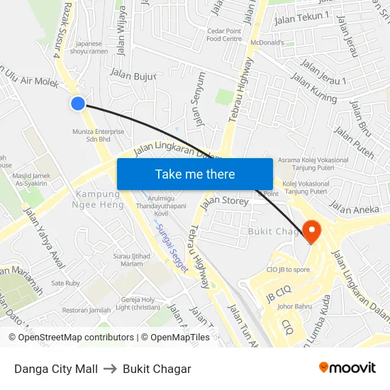 Danga City Mall to Bukit Chagar map