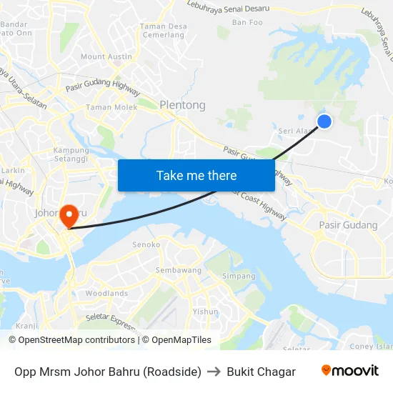 Opp Mrsm Johor Bahru (Roadside) to Bukit Chagar map