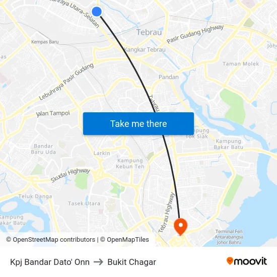 Kpj Bandar Dato' Onn to Bukit Chagar map