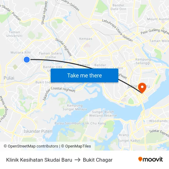 Klinik Kesihatan Skudai Baru to Bukit Chagar map
