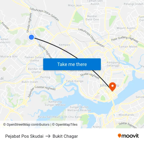 Pejabat Pos Skudai to Bukit Chagar map