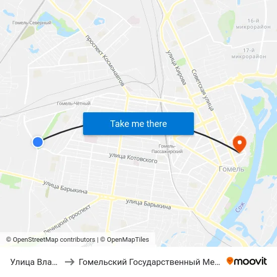 Улица Владимирова to Гомельский Государственный Медицинский Университет map