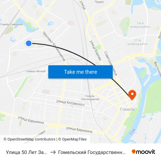 Улица 50 Лет Заводу Гомсельмаш to Гомельский Государственный Медицинский Университет map