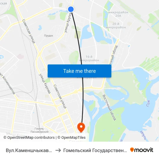 Вул.Каменшчыкава (Улица Каменщикова) to Гомельский Государственный Медицинский Университет map