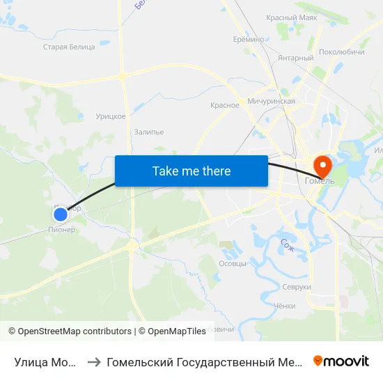 Улица Молодёжная to Гомельский Государственный Медицинский Университет map