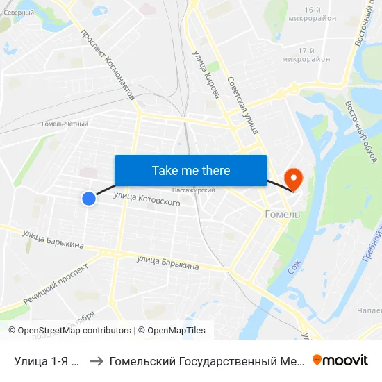 Улица 1-Я Встречная to Гомельский Государственный Медицинский Университет map