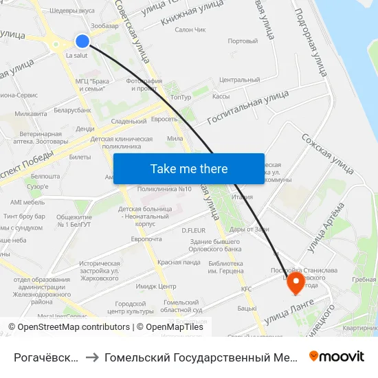 Рогачёвская Улица to Гомельский Государственный Медицинский Университет map