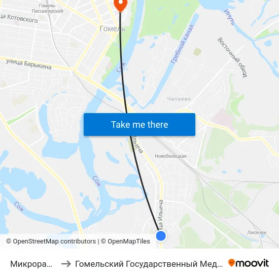 Микрорайон № 35 to Гомельский Государственный Медицинский Университет map