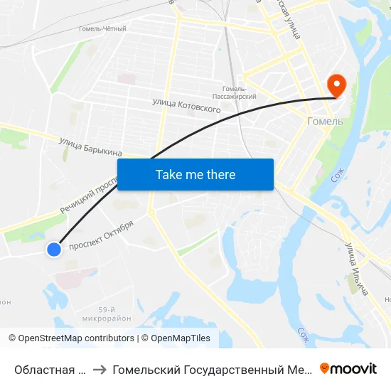 Областная Больница to Гомельский Государственный Медицинский Университет map