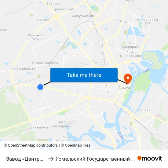 Завод «Центролит» (Кольцо) to Гомельский Государственный Медицинский Университет map