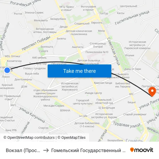 Вокзал (Проспект Ленина) to Гомельский Государственный Медицинский Университет map
