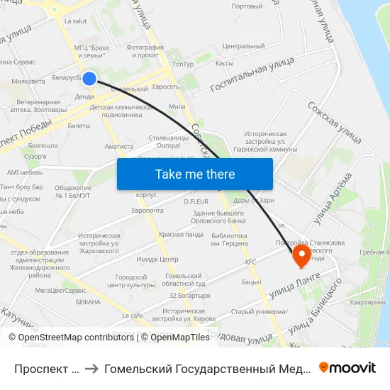 Проспект Победы to Гомельский Государственный Медицинский Университет map