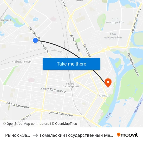 Рынок «Заводской» to Гомельский Государственный Медицинский Университет map