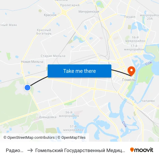 Радиозавод to Гомельский Государственный Медицинский Университет map