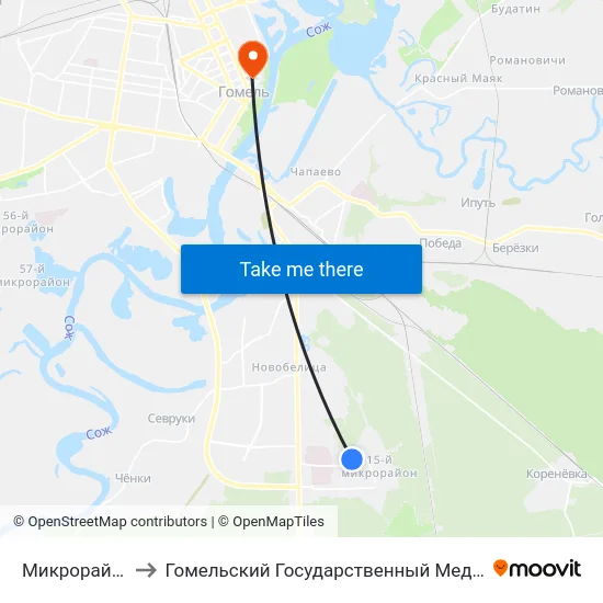 Микрорайон Химы to Гомельский Государственный Медицинский Университет map